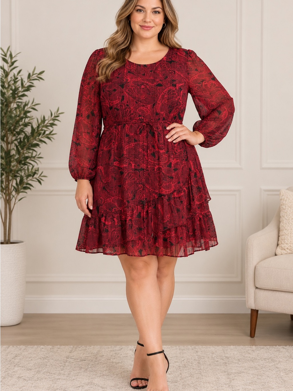 Tommy Hilfiger Dress 16 Red Black Paisley Chiffon Tiered Long Sleeve NWT